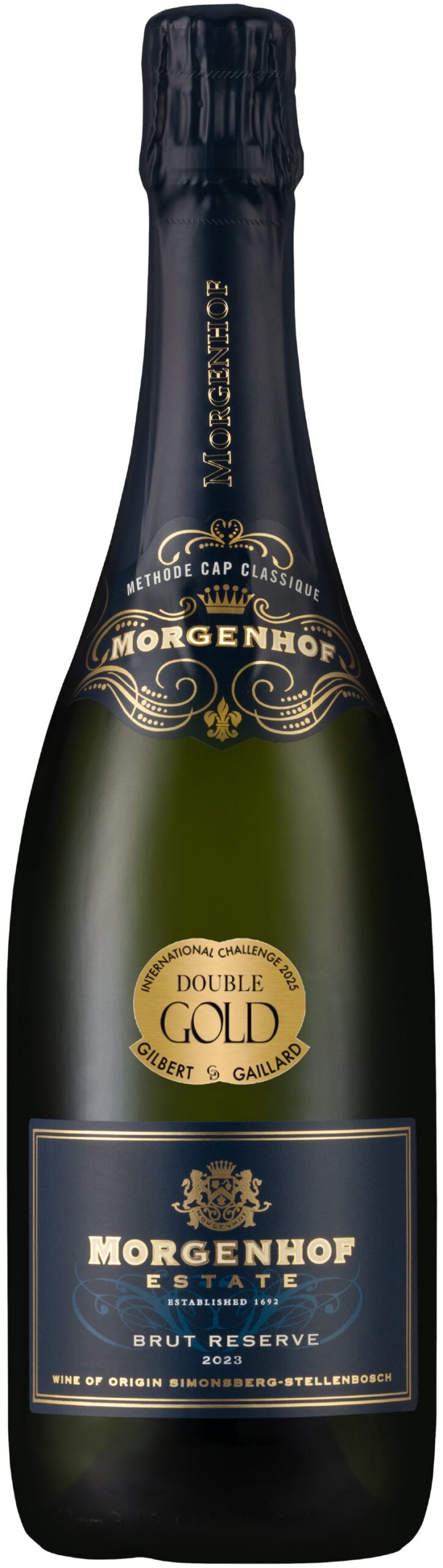 Morgenhof Estate Brut Reserve 2023 Methode Cap Classique sparkling wine bottle with a Double Gold medal