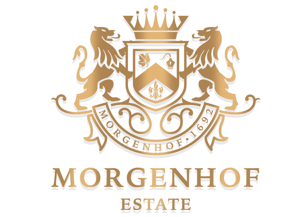 Full-colour Morgenhof Estate crest logo with a gold shield, two lions and a crown