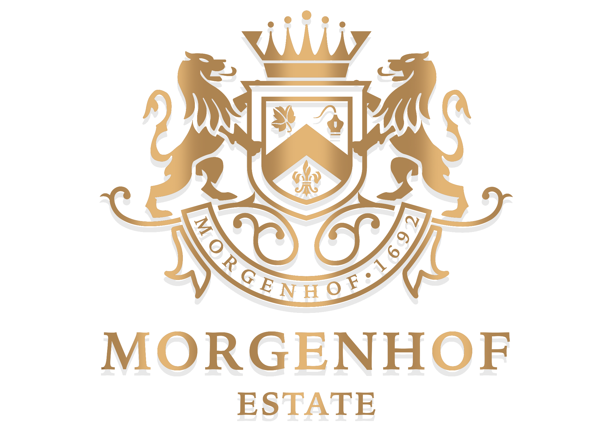 Full-colour Morgenhof Estate crest logo with a gold shield, two lions and a crown