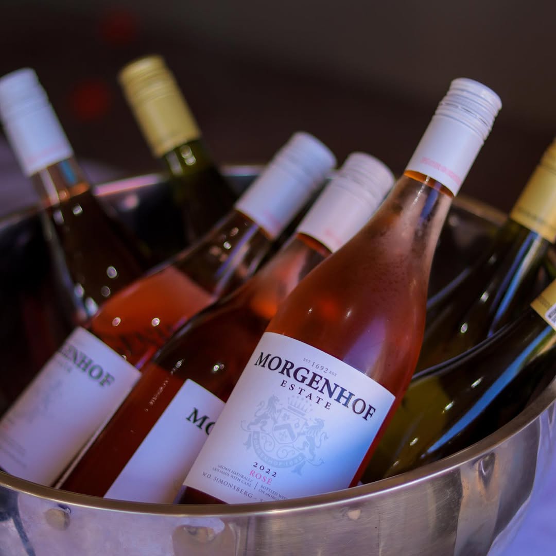 Morgenhof Estate rose and white wine bottles chilling in a stainless-steel ice bucket