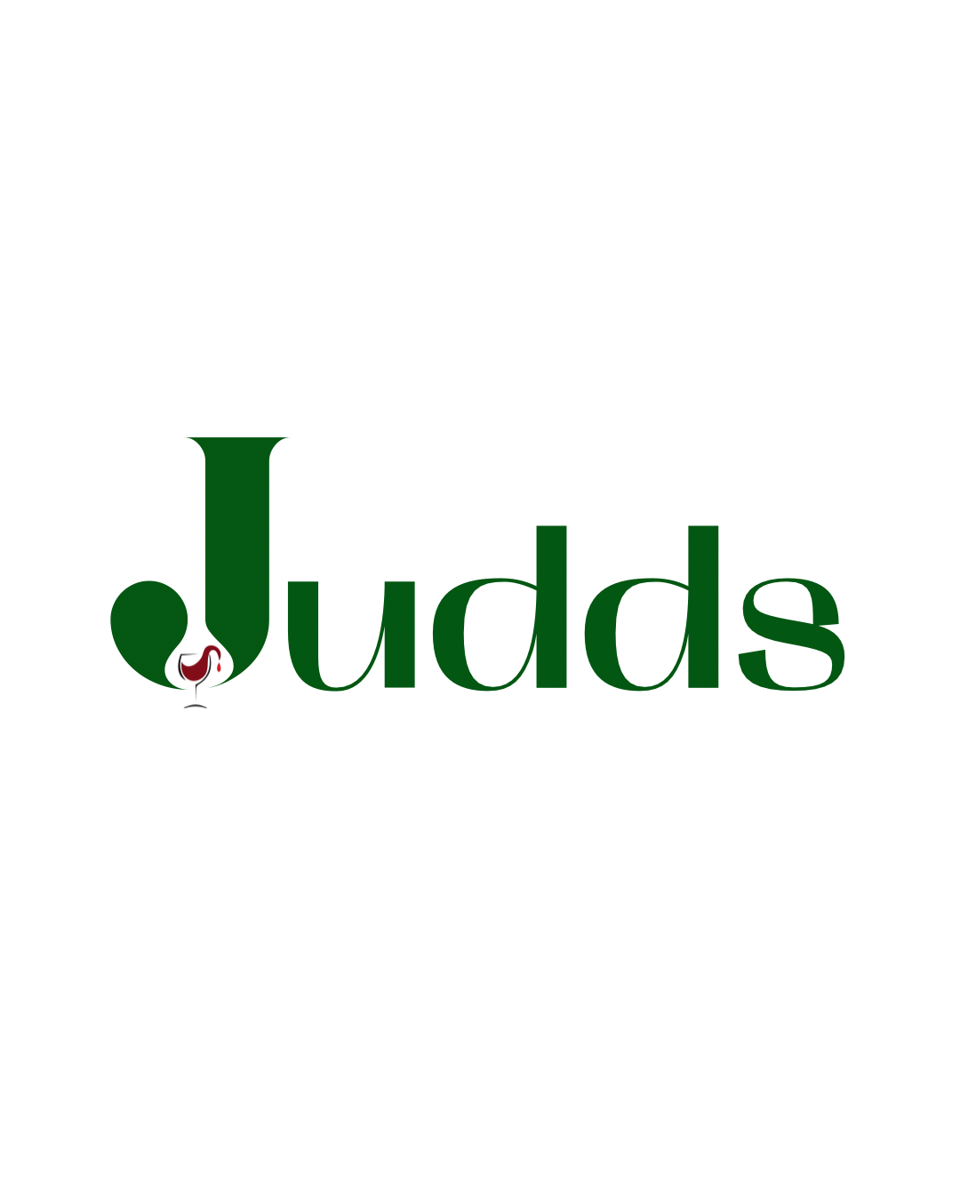 Judd's restaurant logo in dark green serif lettering with a small red wine glass in the J