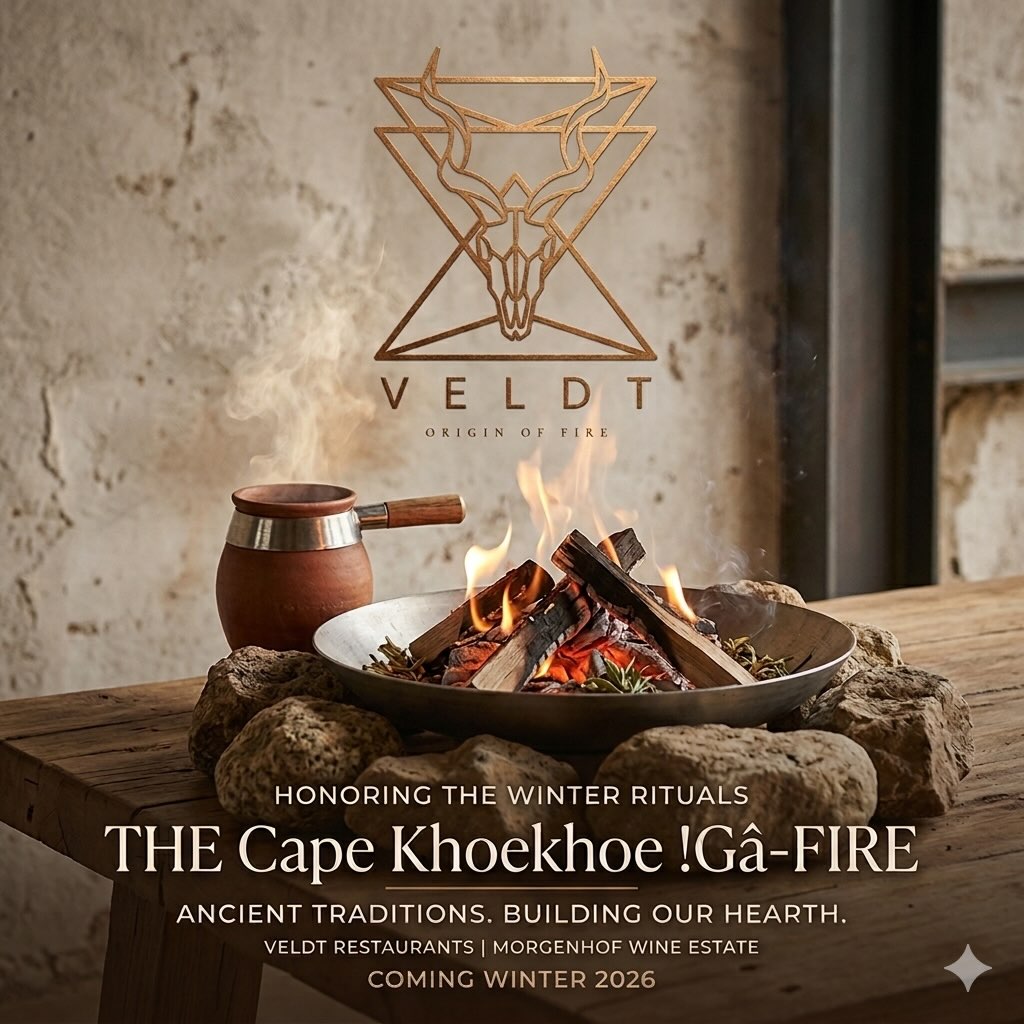 Veldt 'Origin of Fire' announcement graphic with the gold antelope logo and a fire-ritual scene