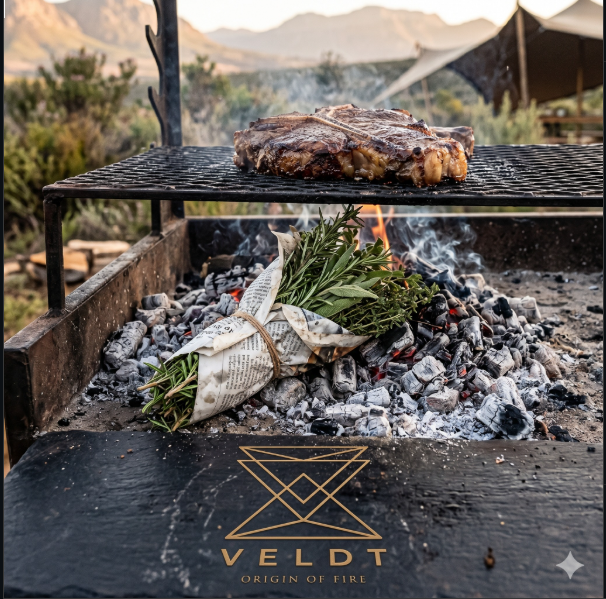 Veldt restaurant graphic of a roast cooking over coals with the gold Veldt antelope logo